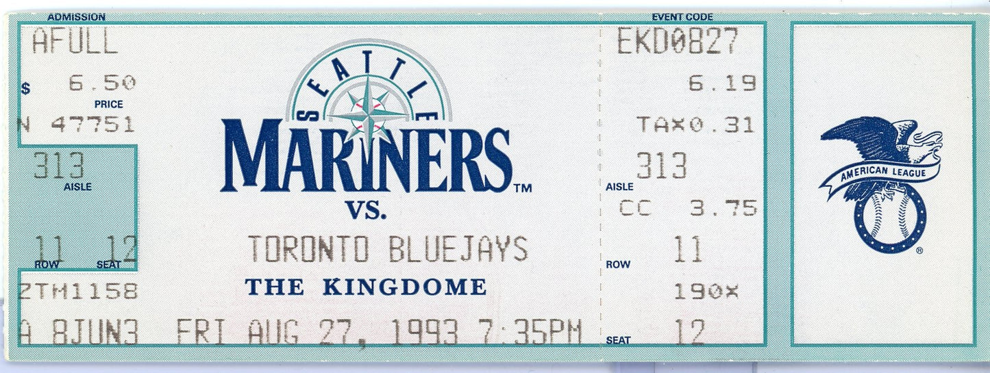 Seattle Mariners vs. Toronto Blue Jays Vintage Ticket The Kingdome (Seattle, 1993) Ken Griffey Jr