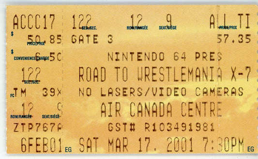Road to Wrestlemania X-7 Vintage Ticket Air Canada Centre (Toronto, 2001) Stone Cold, Triple H