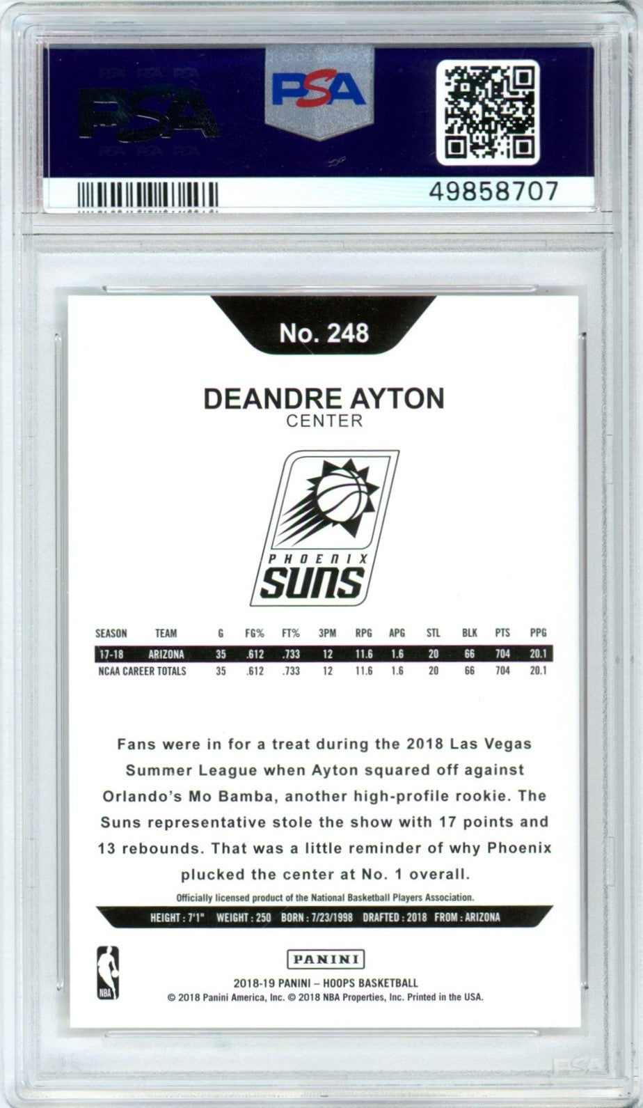 2018 Panini NBA Hoops DeAndre Ayton #248 Graded Rookie Card PSA 10