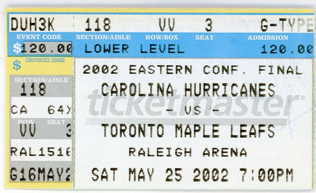 Carolina Hurricanes vs. Toronto Maple Leafs Vintage Ticket Raleigh Arena (Raleigh, 2002) Playoffs