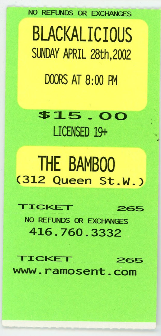 Blackalicious Vintage Concert Ticket The Bamboo (Toronto, 2002)