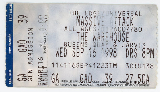 Massive Attack Vintage Concert Ticket The Warehouse (Toronto, 1998)