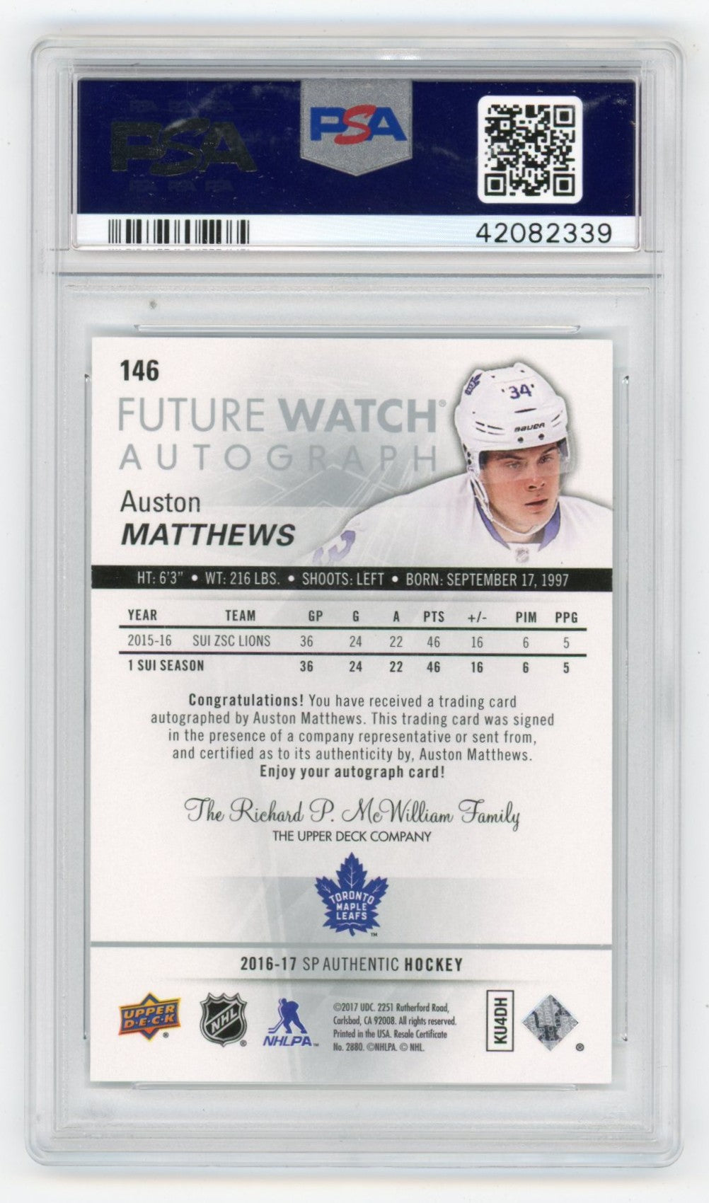 2016 SP Authentic Auston Matthews Future Watch Autograph Hockey Card #146 PSA 10