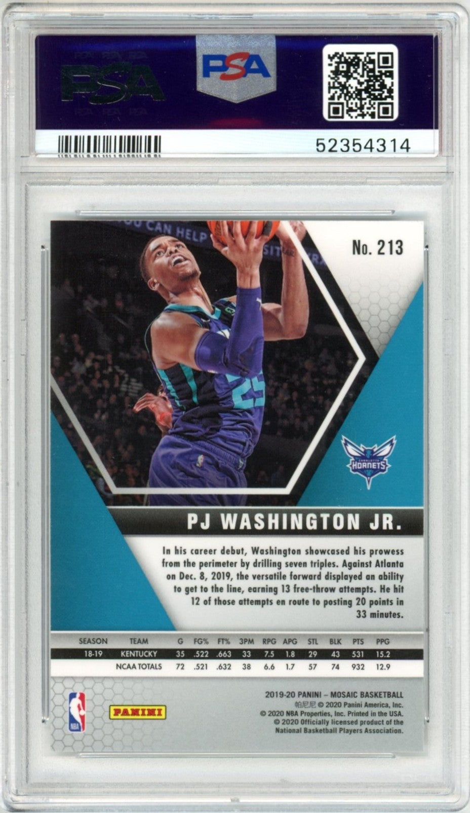 2019 Panini Mosaic PJ Washington Jr. #213 Graded Rookie Card PSA 10