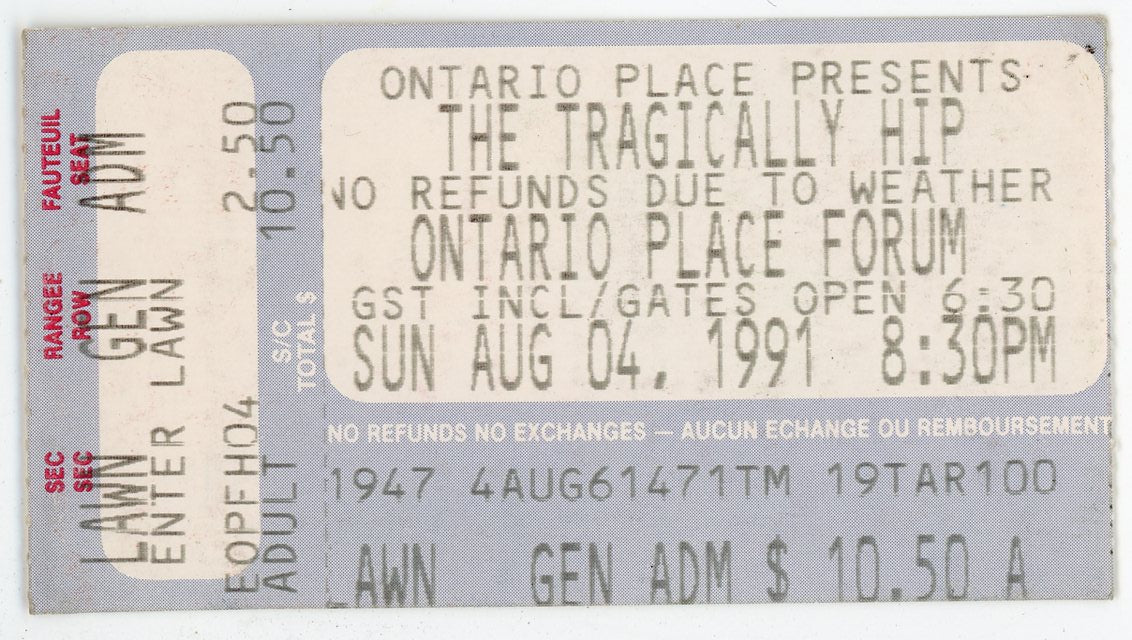 The Tragically Hip Vintage Concert Ticket Stub Ontario Place Forum (Toronto, 1991) Early Hip