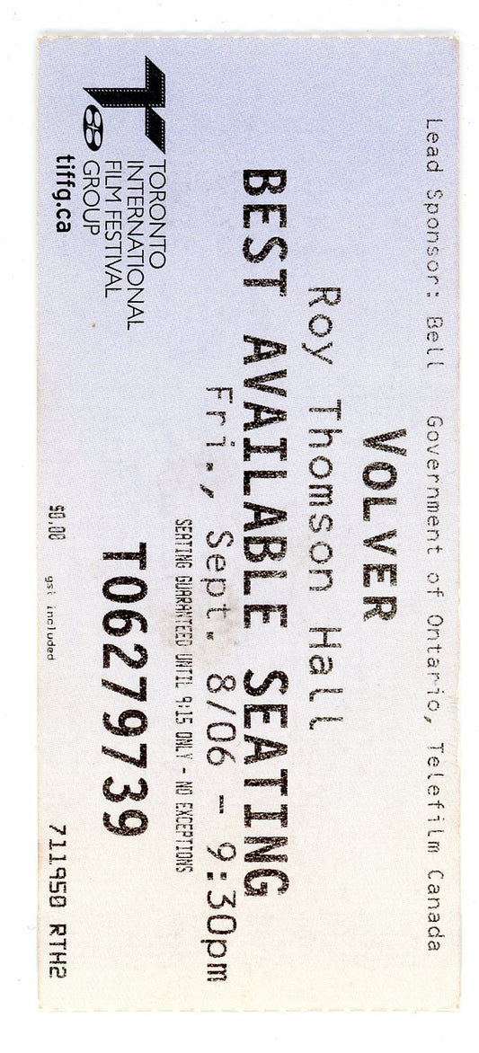 TIFF Volver Movie Screening Ticket Roy Thomson Hall (Toronto, 2006)