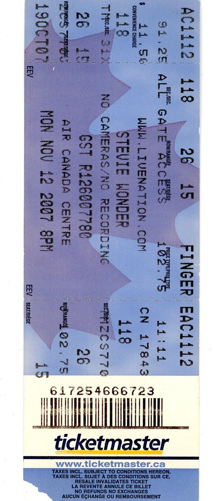 Stevie Wonder Concert Ticket Air Canada Centre (Toronto, 2007)