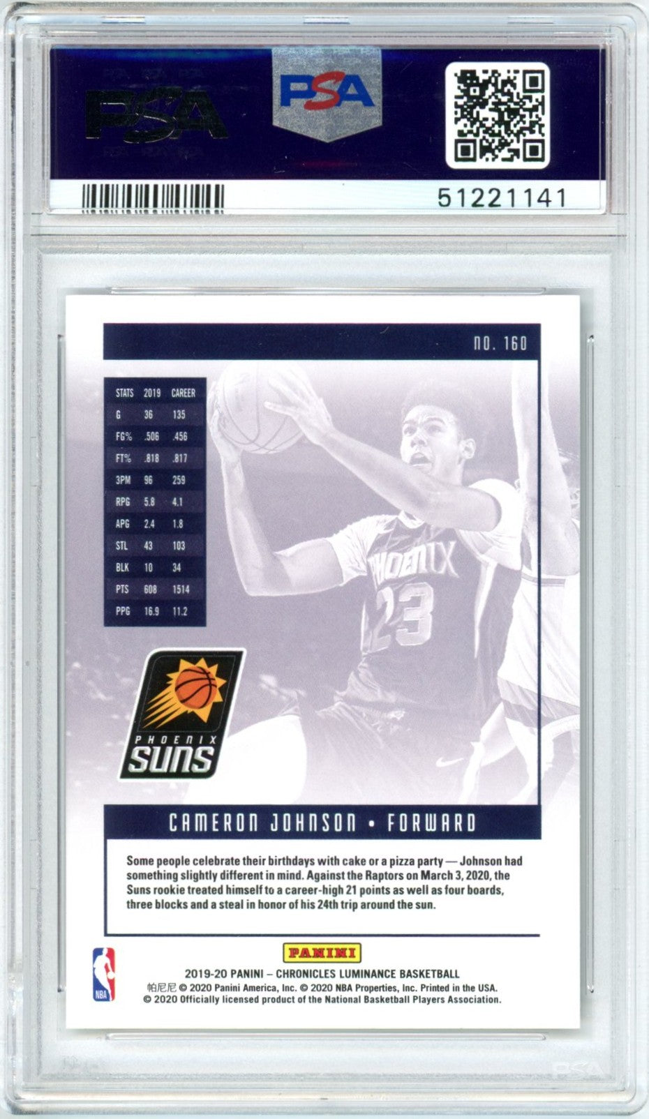 2019 Panini Chronicles Cameron Johnson #160 Graded Rookie Card PSA 10