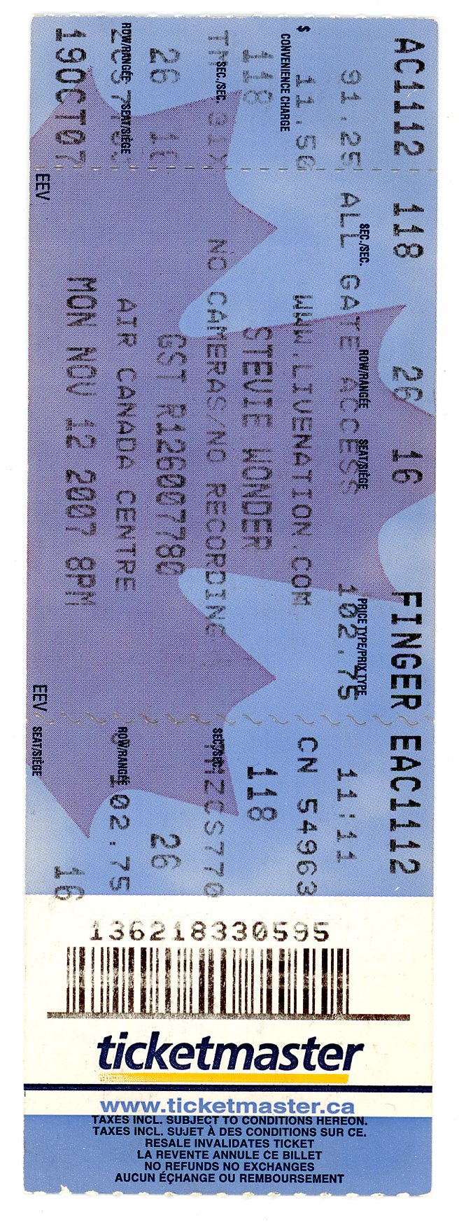 Stevie Wonder Ticket Stub Air Canada Centre (Toronto, 2007)