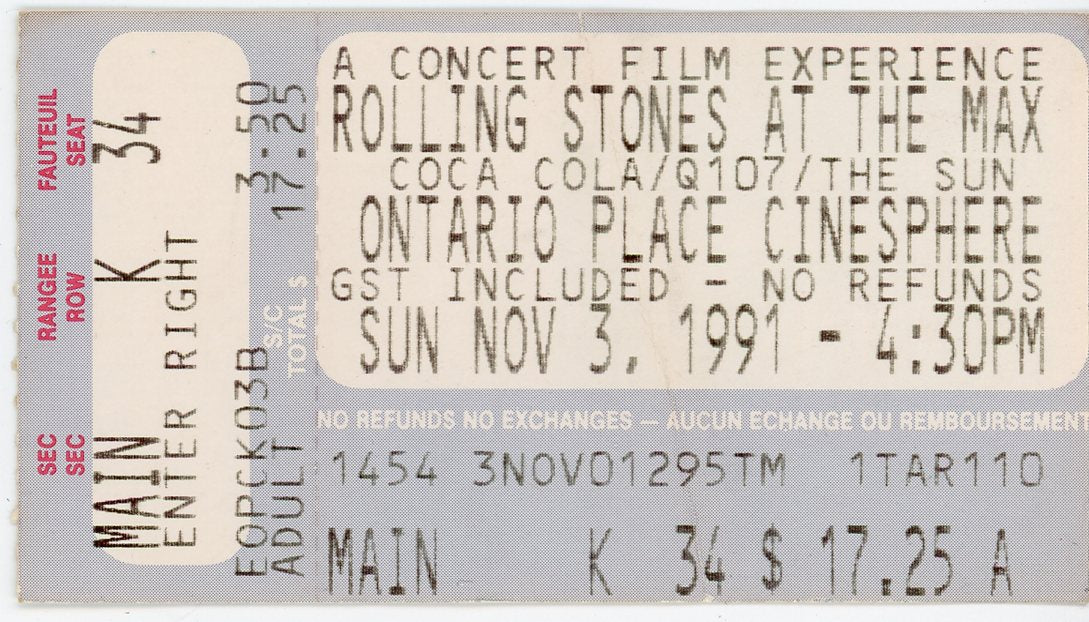 The Rolling Stones At The Max Vintage Ticket Stub Ontario Place Cinesphere (Toronto, 1991)