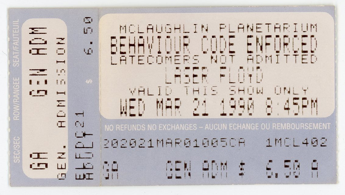 McLaughlin Planetarium Laser Pink Floyd Vintage Concert Ticket Stub (Toronto, 1990) Rare