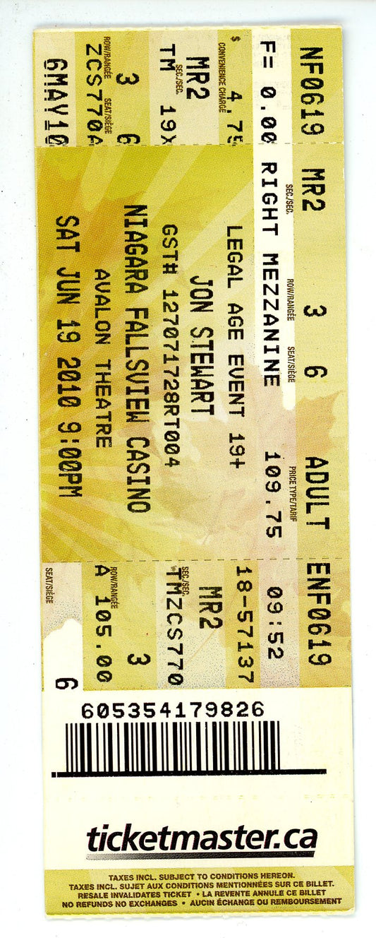 Jon Stewart Ticket Stub Fallsview Casino (Niagara Falls, 2010)