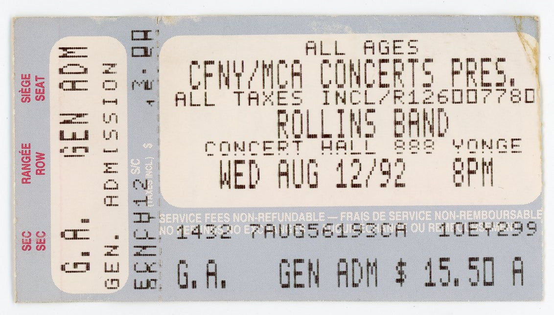 Rollins Band Vintage Concert Ticket Stub The Concert Hall (Toronto, 1992)
