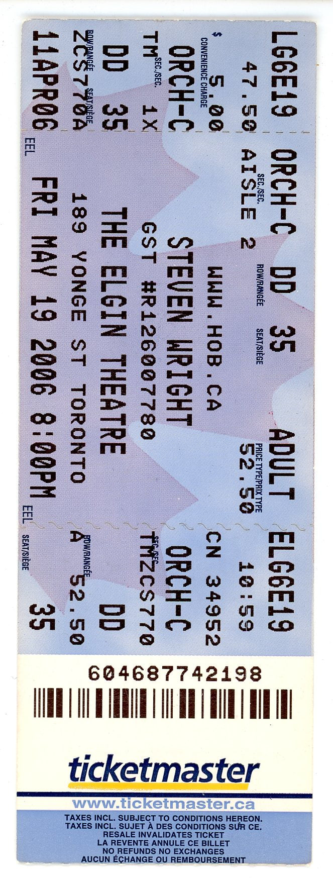 Steven Wright Ticket Stub Elgin Theatre (Toronto, 2006)