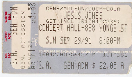 Jesus Jones Vintage Concert Ticket Stub The Concert Hall (Toronto, 1991)