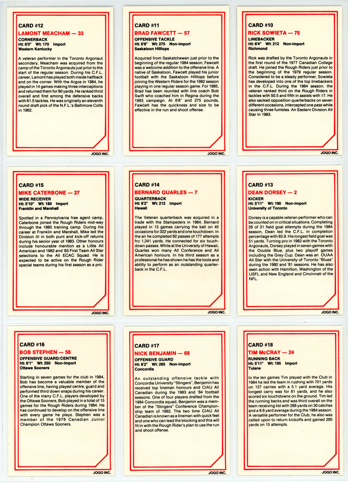 1985 JOGO CFL Football Complete Set (110 Cards) EX+/NM Condition
