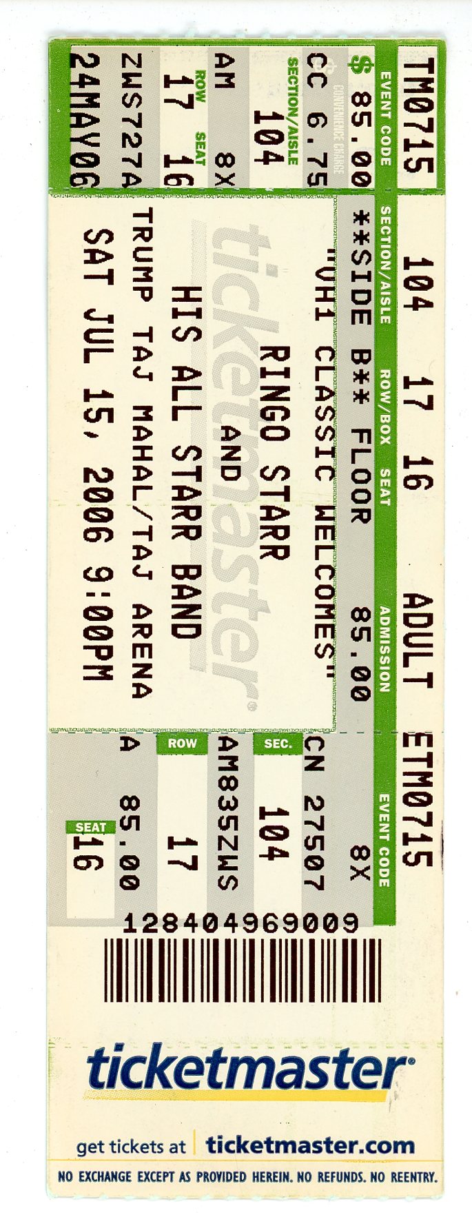 Ringo Starr and His All Starr Band Ticket Stub Taj Arena (Atlantic City, 2006)