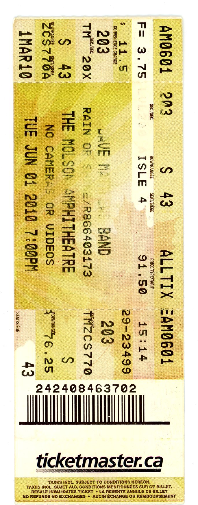Dave Matthews Band Ticket Stub Molson Amphitheatre (Toronto, 2010)