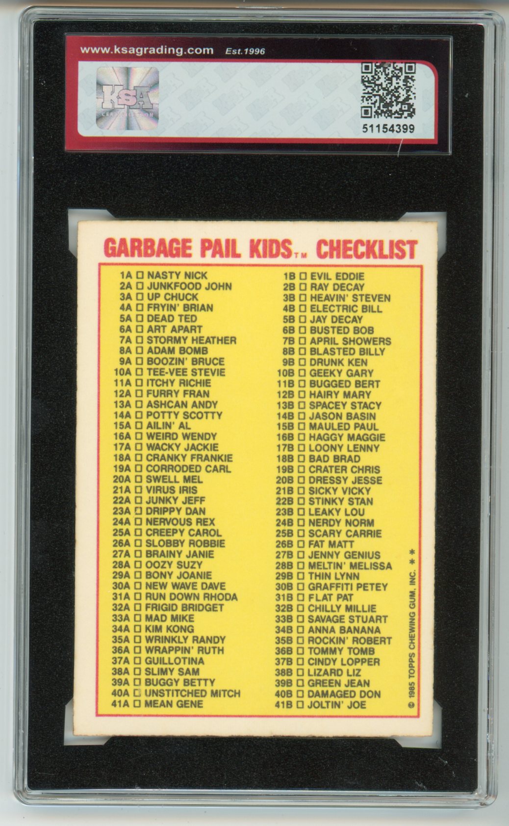 1985 Garbage Pail Kids Blasted Billy Graded Sticker Rookie Card #8b KSA 6.5