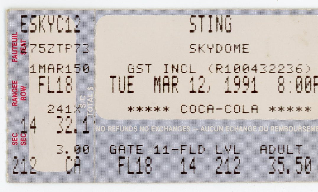 Sting Vintage Concert Ticket Stub Skydome (Toronto, 1991)