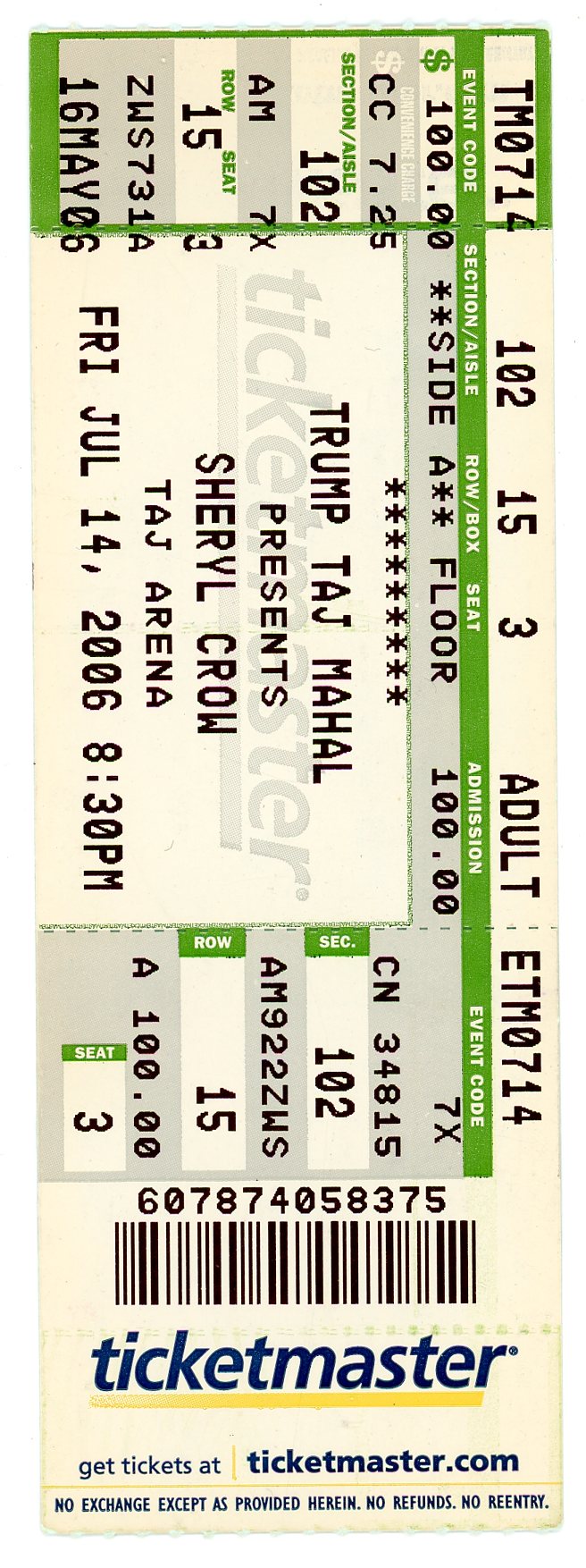 Sheryl Crow Vintage Concert Ticket Stub Taj Arena (Atlantic City, 2006)