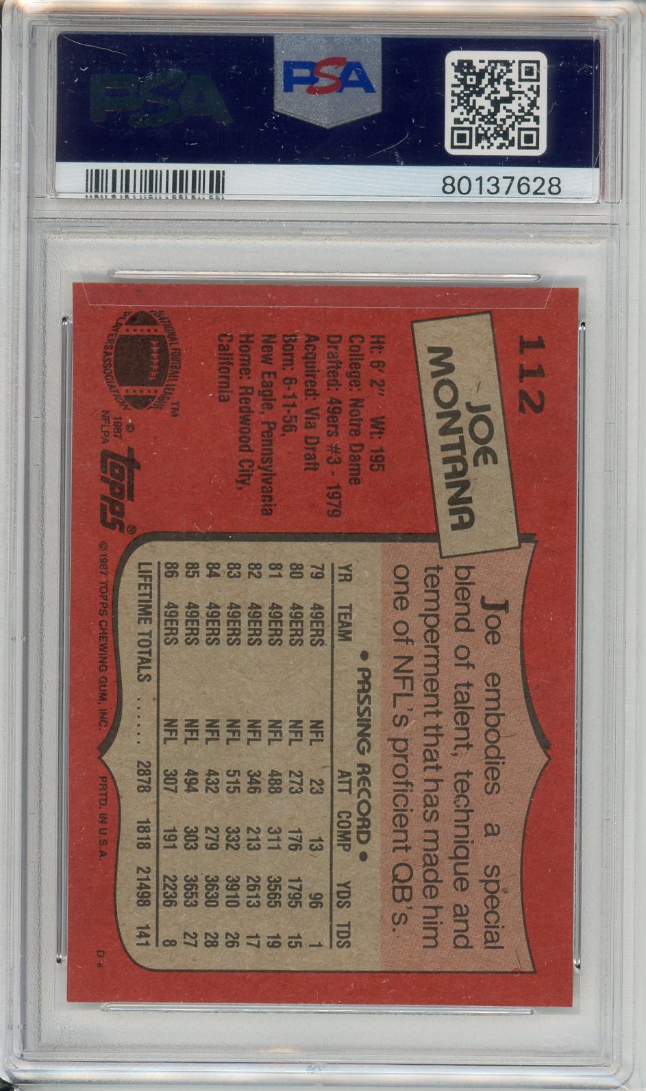 1987 Topps Joe Montana #112 Graded Football Card PSA 9