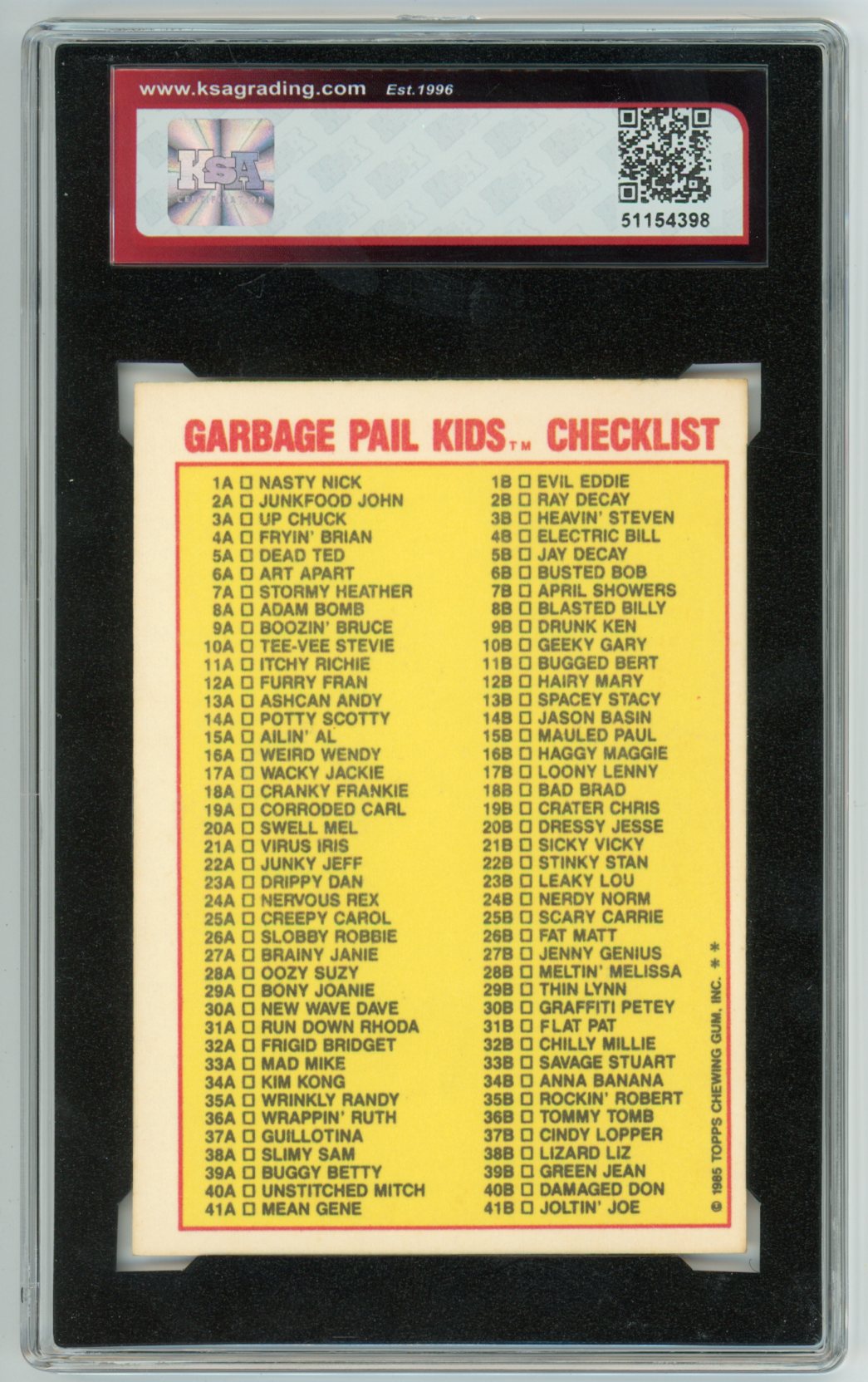 1985 Garbage Pail Kids Blasted Billy Graded Sticker Card #8b KSA 6