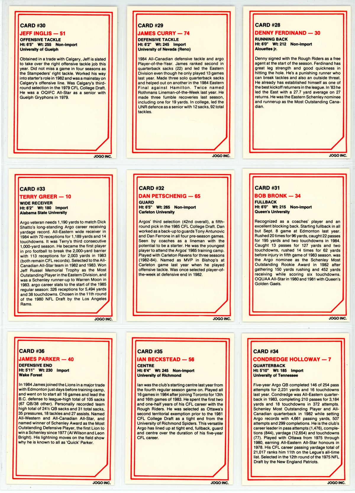 1985 JOGO CFL Football Complete Set (110 Cards) EX+/NM Condition