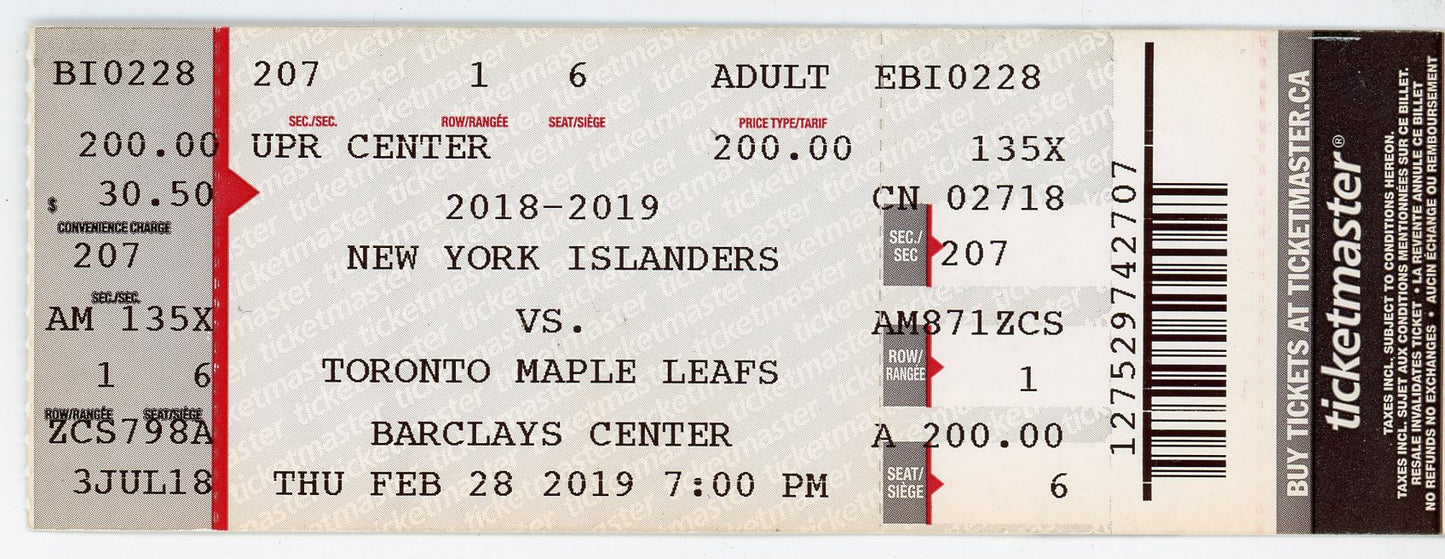 New York Islanders vs. Toronto Maple Leafs Vintage Ticket Barclays Center (Brooklyn, 2019)