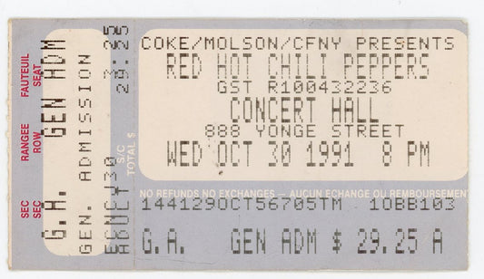 Red Hot Chili Peppers Vintage Concert Ticket Stub The Concert Hall (Toronto, 1991) Blood Sugar Sex Magic