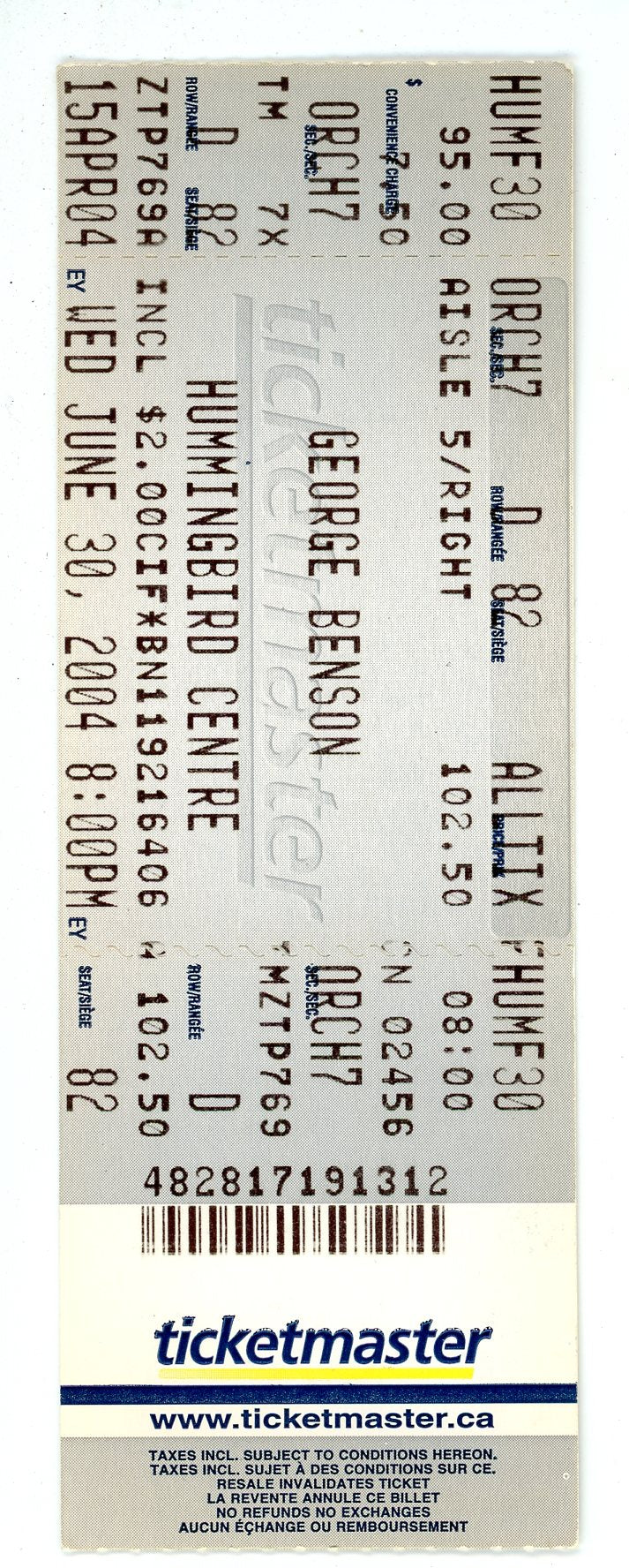 George Benson Ticket Stub Hummingbird Centre (Toronto, 2004)