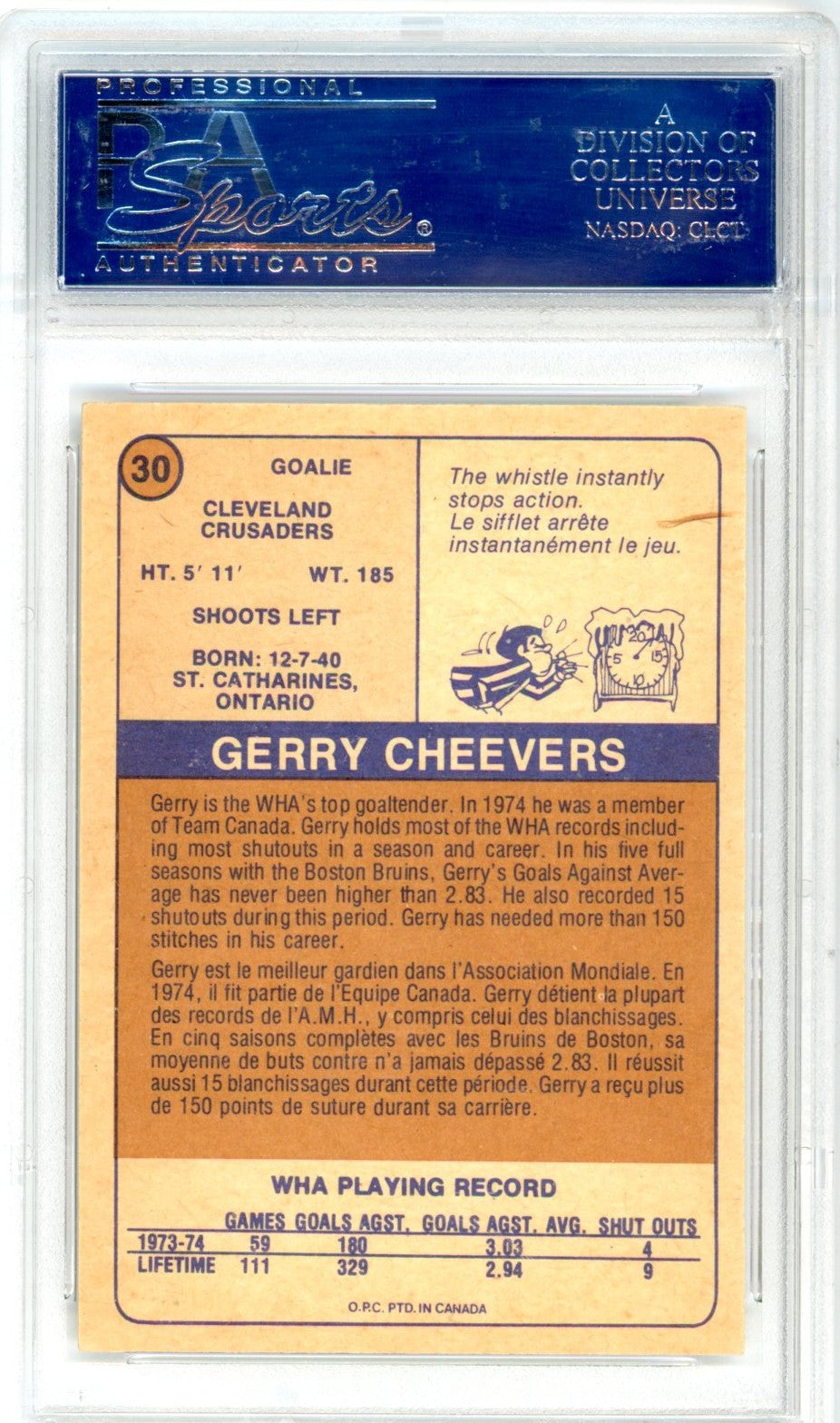 1974 OPC O-Pee-Chee WHA Gerry Cheevers #30 Graded Auto Card PSA/DNA Certified Authentic