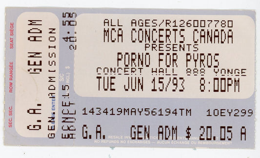 Porno for Pyros Vintage Concert Ticket Stub The Concert Hall (Toronto, 1993)