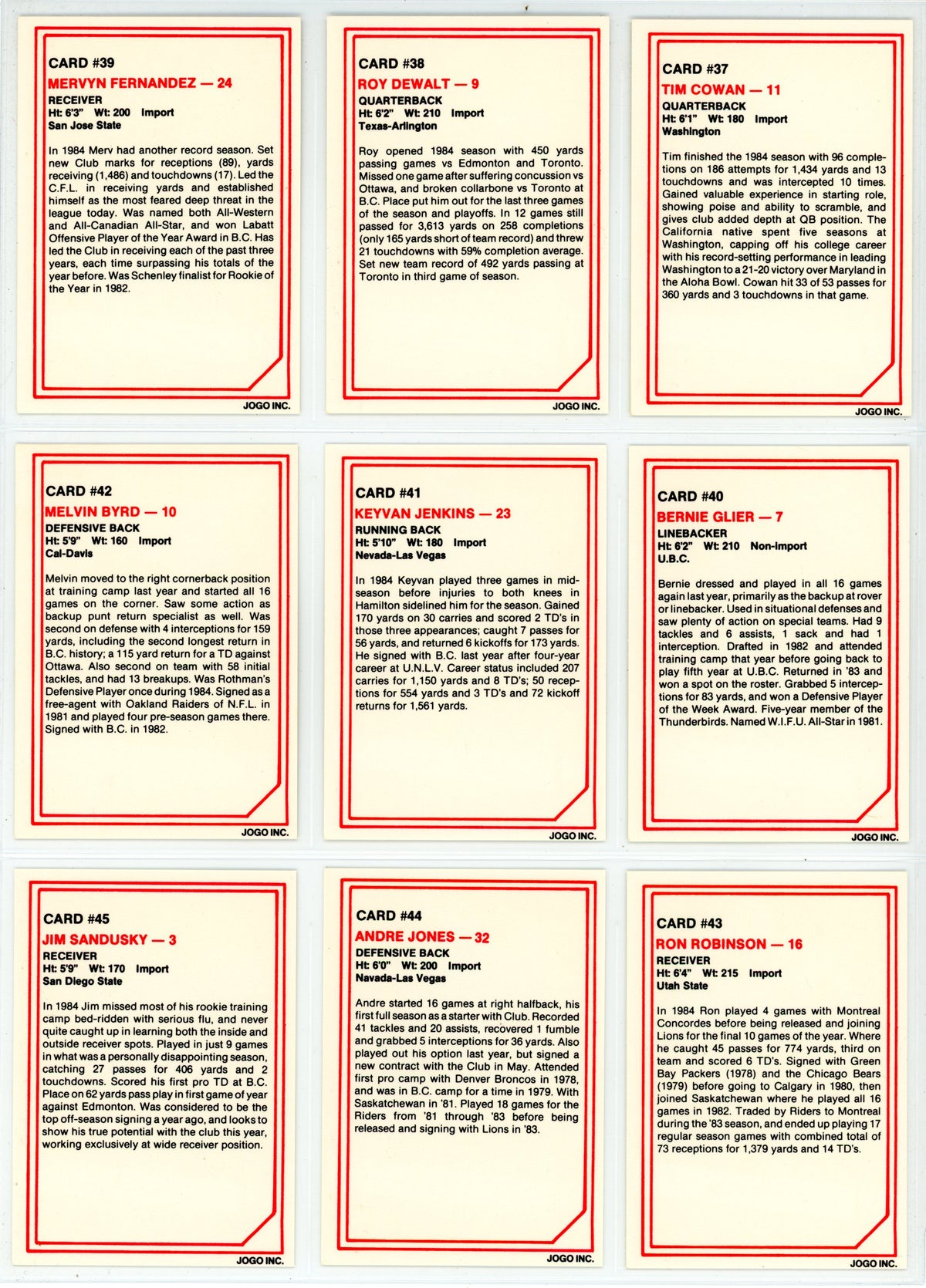 1985 JOGO CFL Football Complete Set (110 Cards) EX+/NM Condition