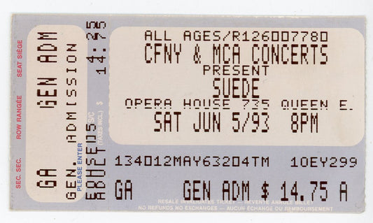 Suede Vintage Concert Ticket Stub The Opera House (Toronto, 1993)
