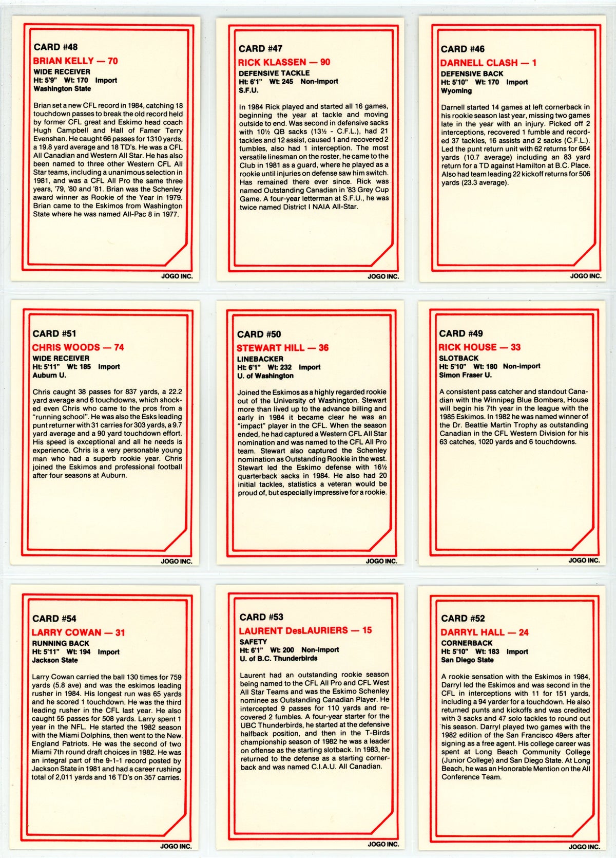 1985 JOGO CFL Football Complete Set (110 Cards) EX+/NM Condition