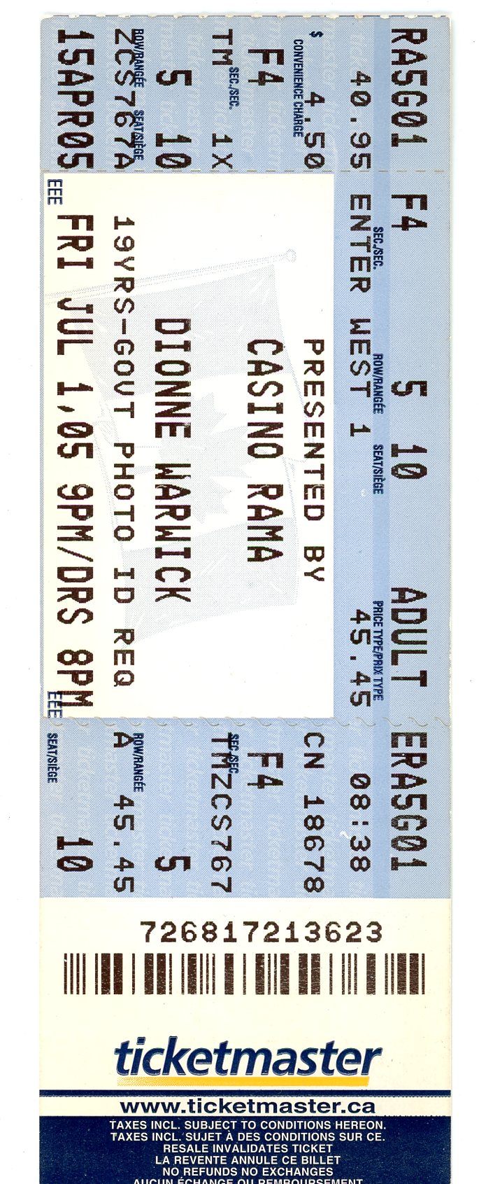 Dionne Warwick Concert Ticket Stub Casino Rama (Orillia, 2005)