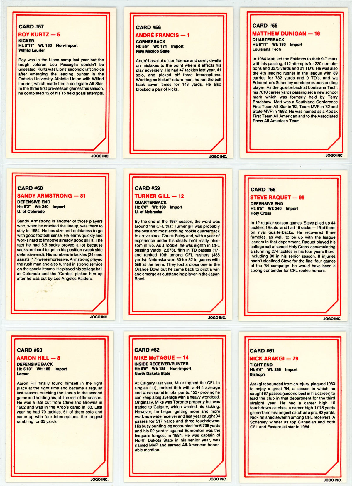 1985 JOGO CFL Football Complete Set (110 Cards) EX+/NM Condition