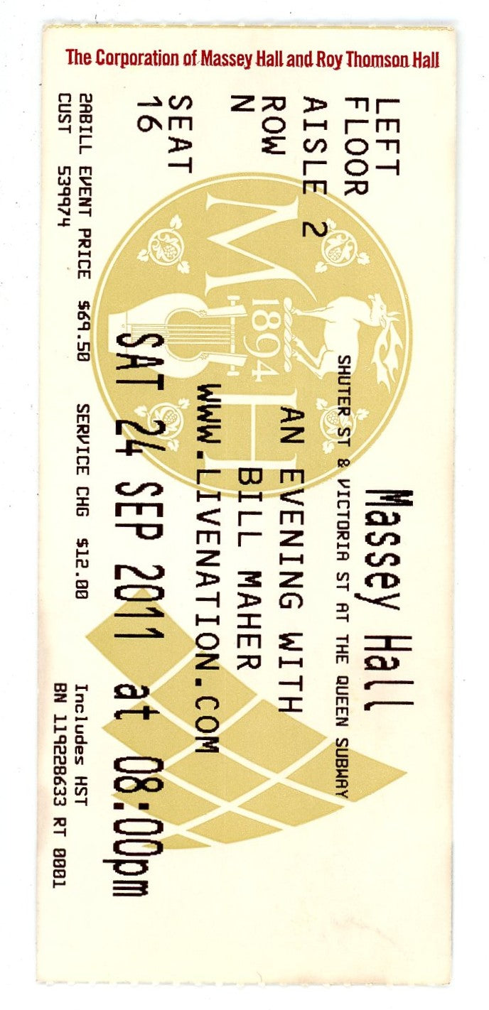 An Evening with Bill Maher Ticket Stub Massey Hall (Toronto, 2011)