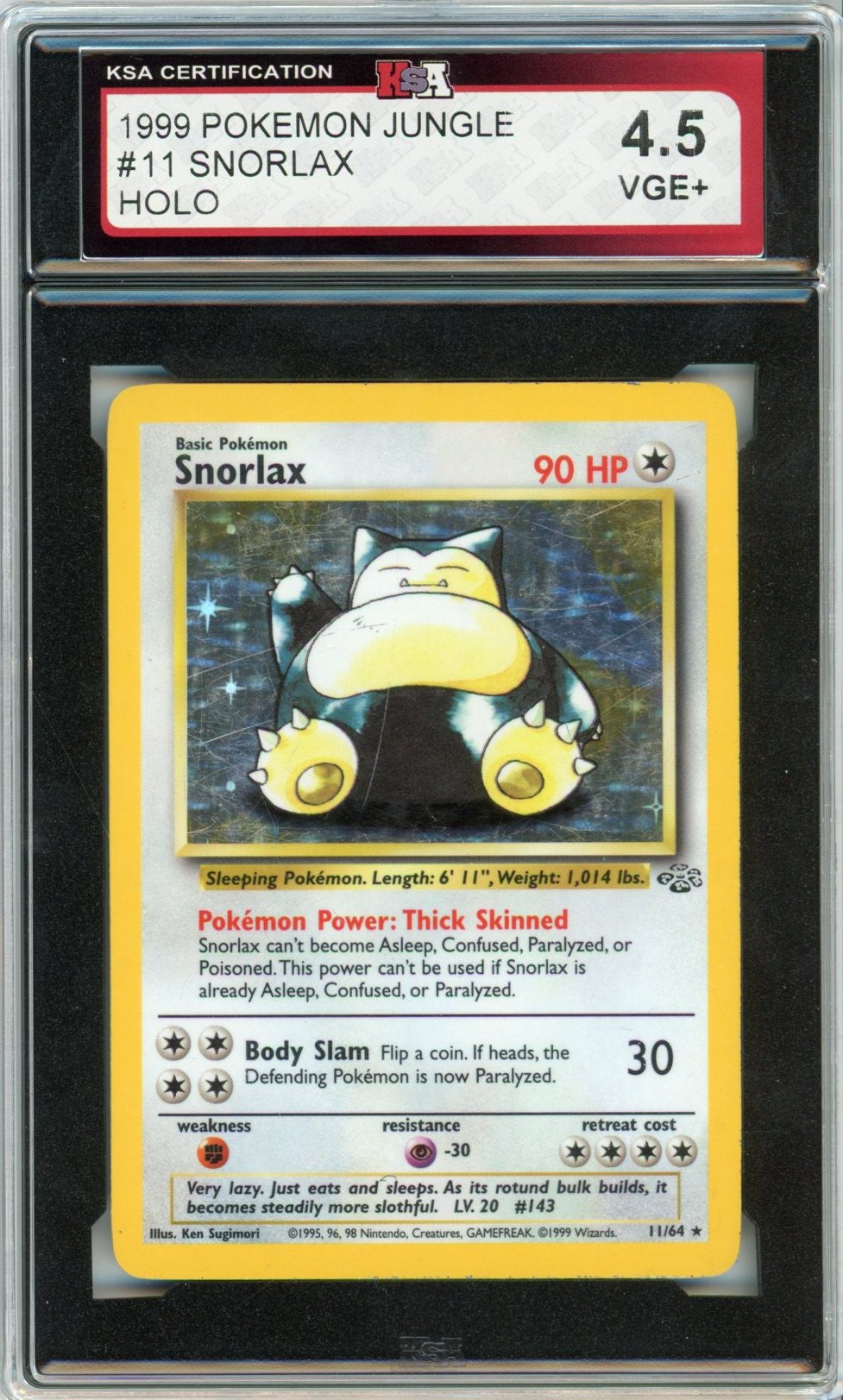 1999 Pokemon Jungle Snorlax Holographic Graded Card #11 KSA 4.5