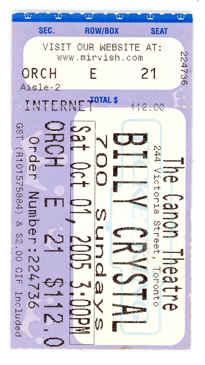 Billy Crystal Musical Vintage Ticket Stub Canon Theatre (Toronto, 2005)