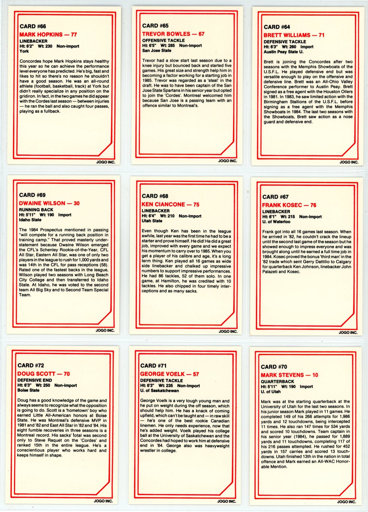 1985 JOGO CFL Football Complete Set (110 Cards) EX+/NM Condition