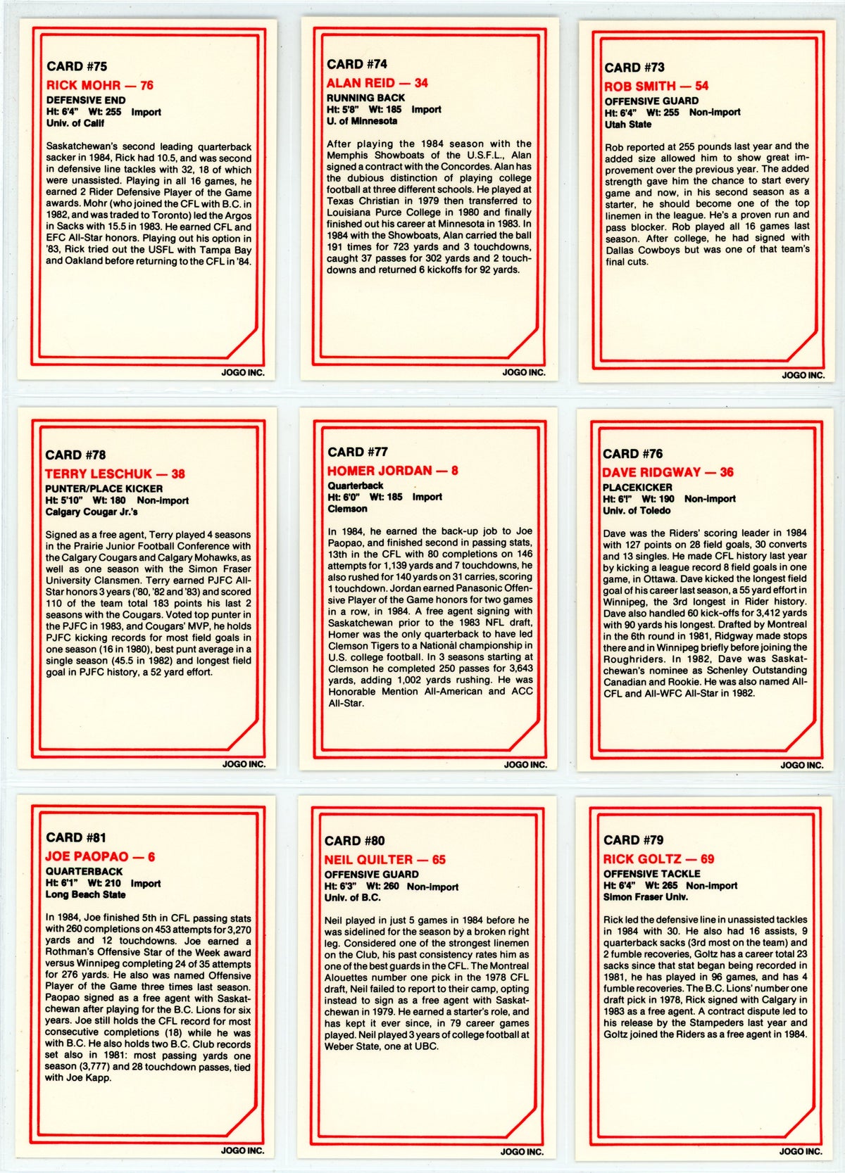 1985 JOGO CFL Football Complete Set (110 Cards) EX+/NM Condition