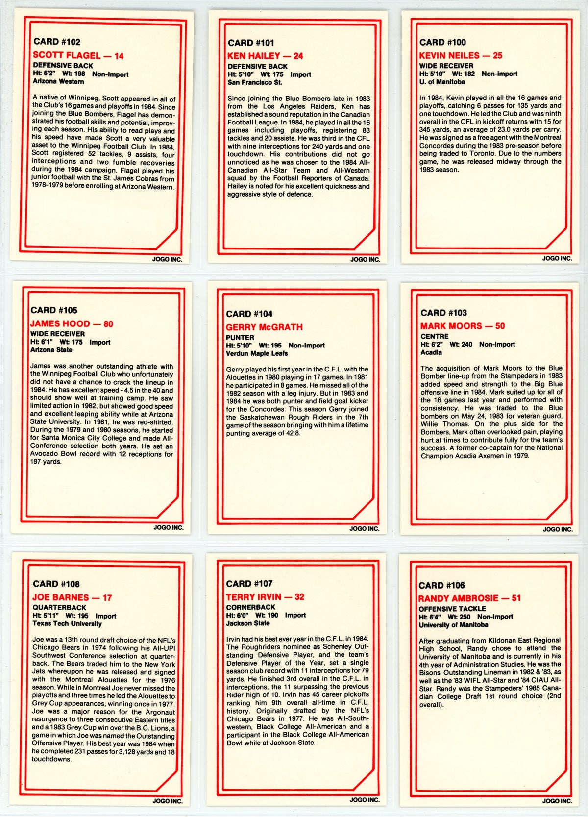 1985 JOGO CFL Football Complete Set (110 Cards) EX+/NM Condition