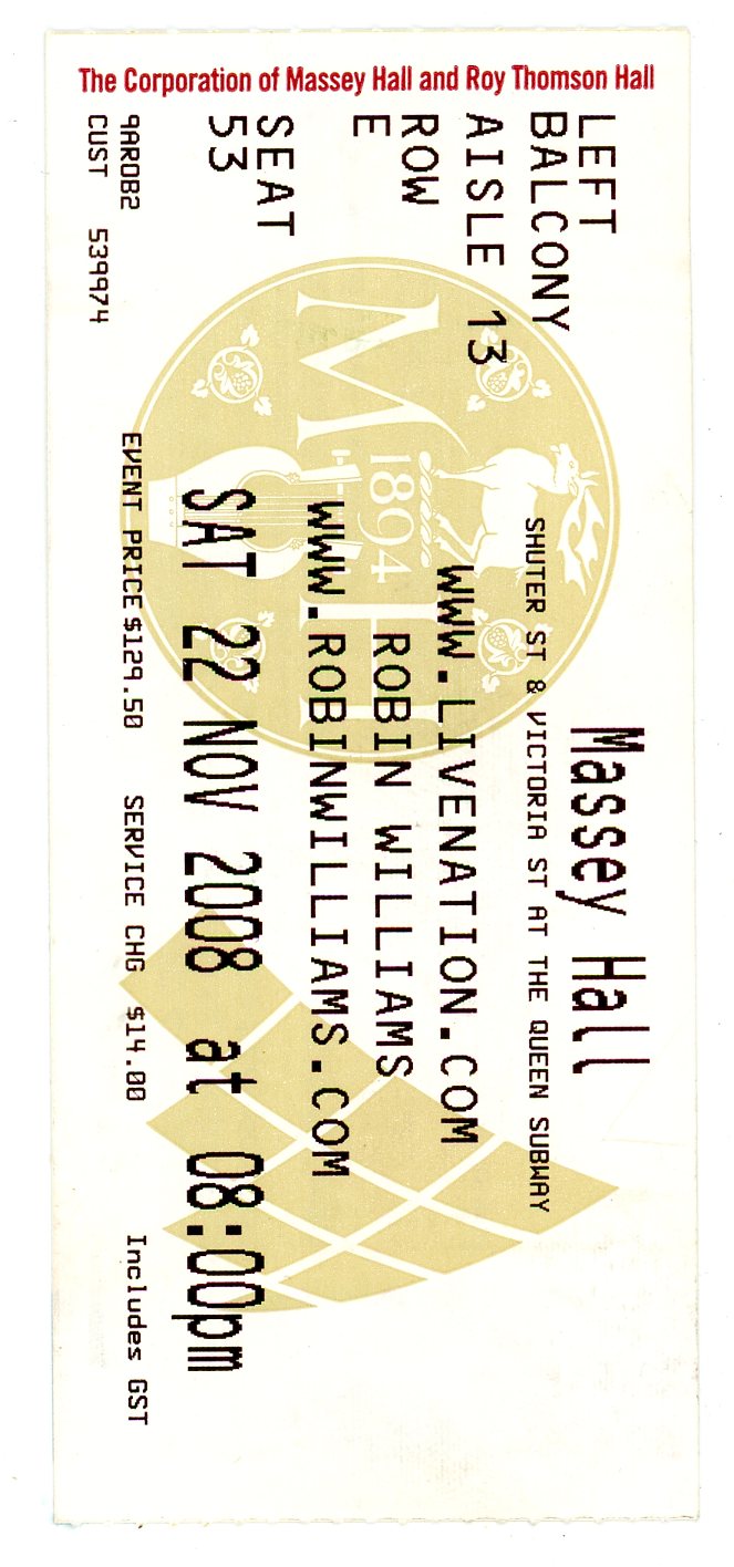 Robin Williams Ticket Stub Massey Hall (Toronto, 2008)
