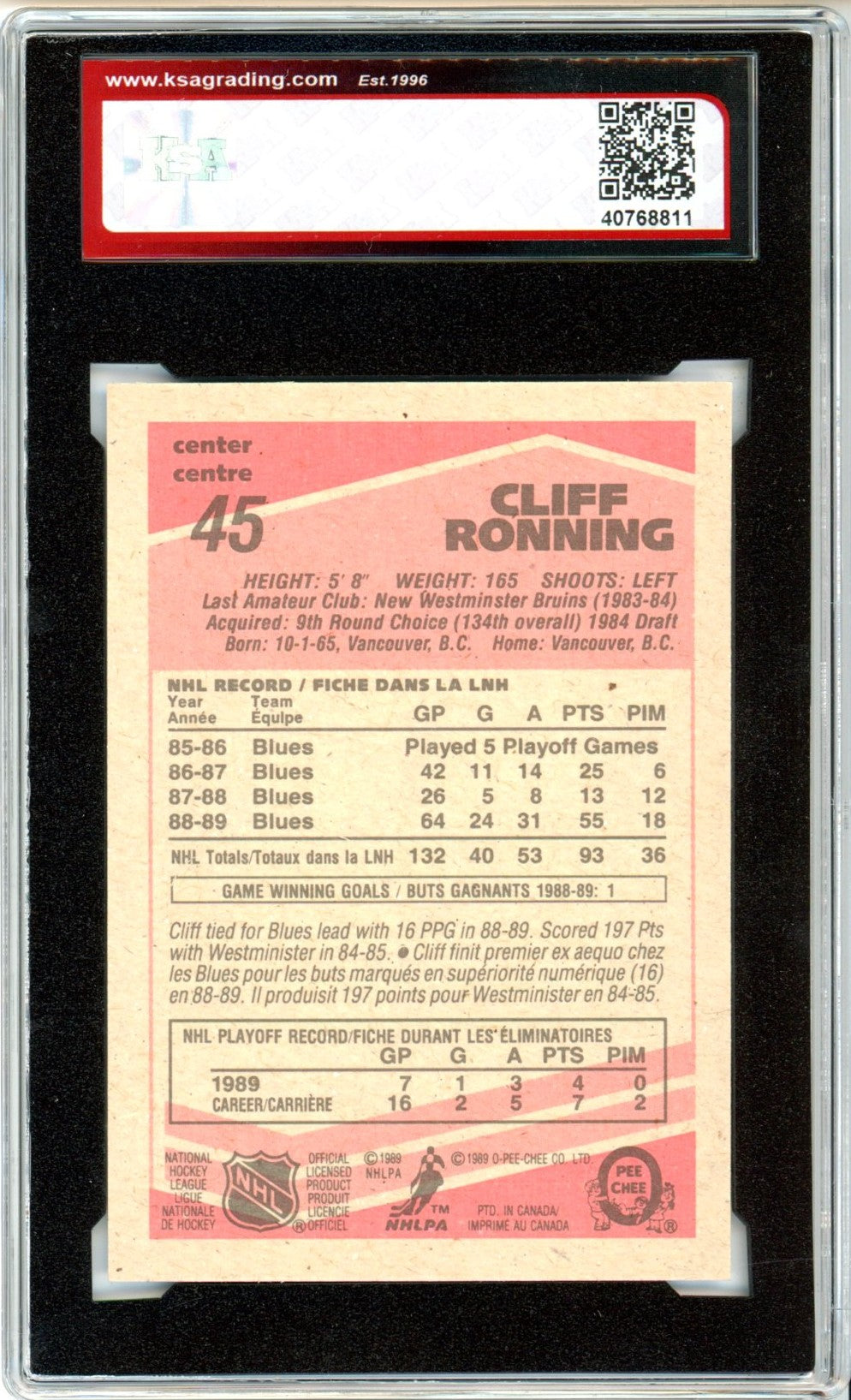 1989/90 OPC O-Pee-Chee Cliff Ronning #45 Graded Rookie Card KSA 10