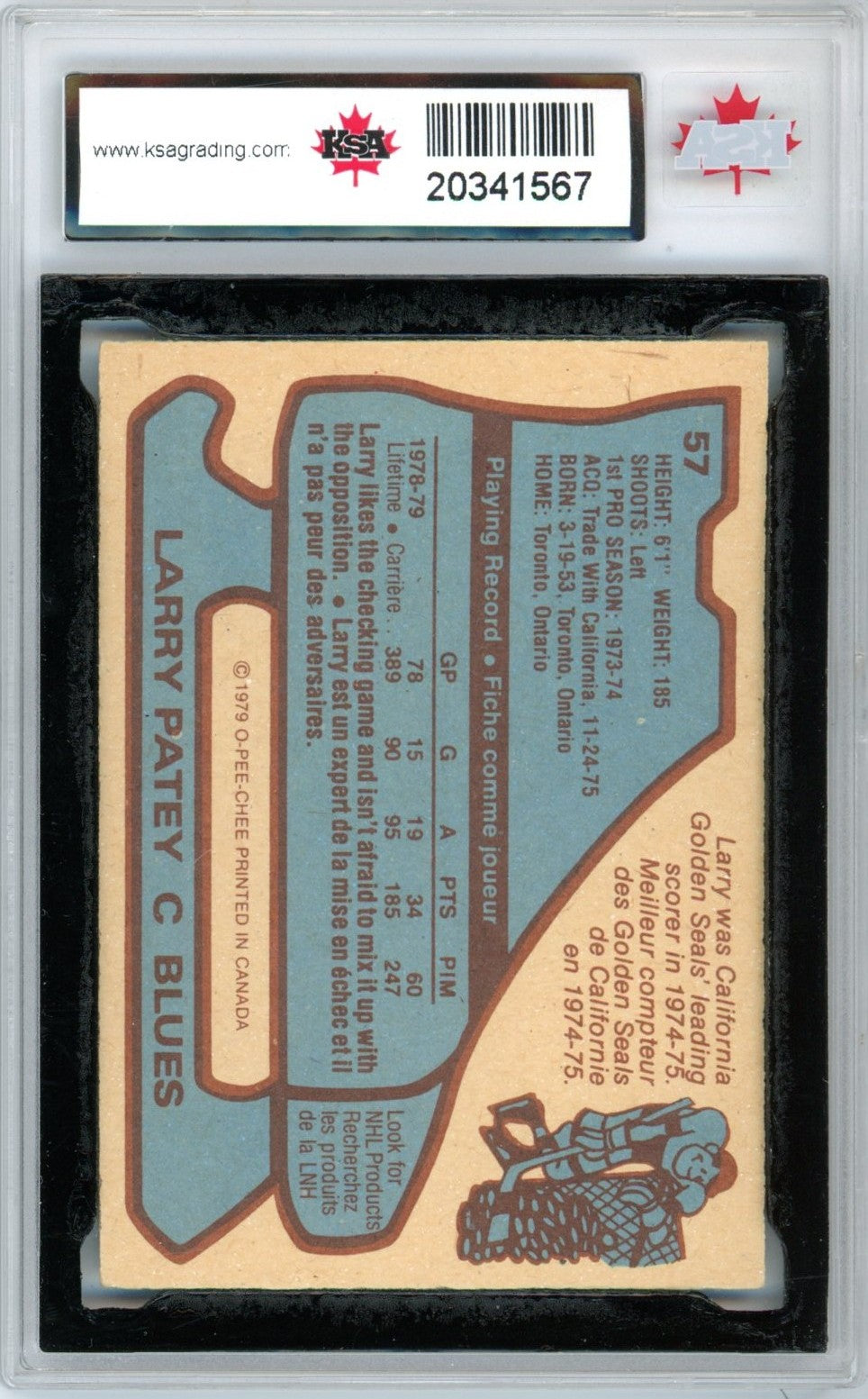1979/80 OPC O-Pee-Chee Larry Patey #57 Graded Hockey Card KSA 9