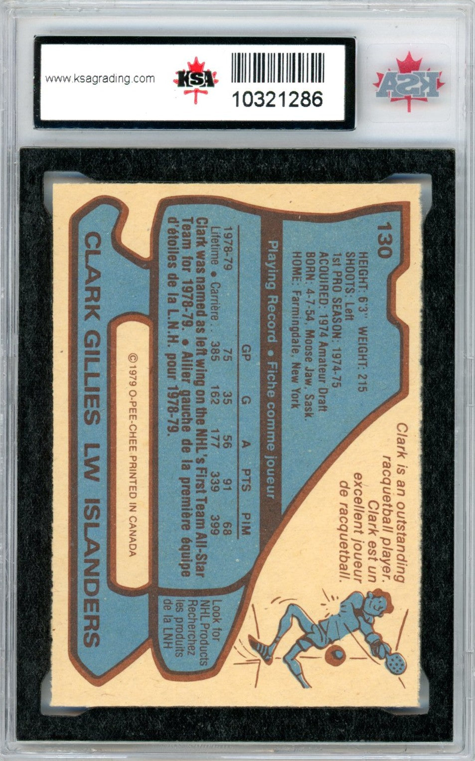1979/80 OPC O-Pee-Chee Clark Gillies #130 Graded Hockey Card KSA 9