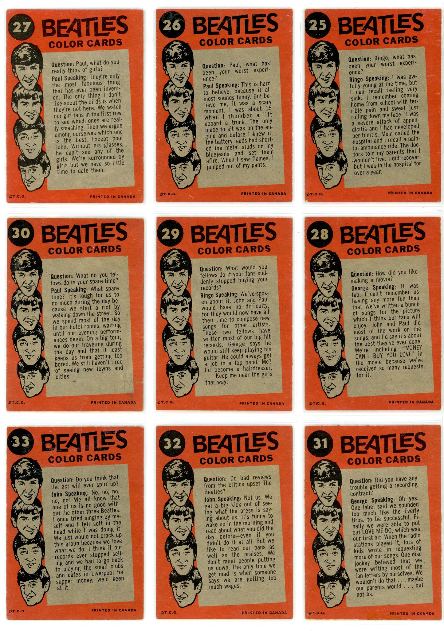 1964 The Beatles (Color) Trading Card Complete Set (64 Cards) Read* Topps & O-Pee-Chee Mix