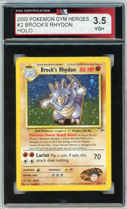 2000 Pokemon Gym Heroes Brock's Rhydon Holographic Graded Card #2 KSA 3.5